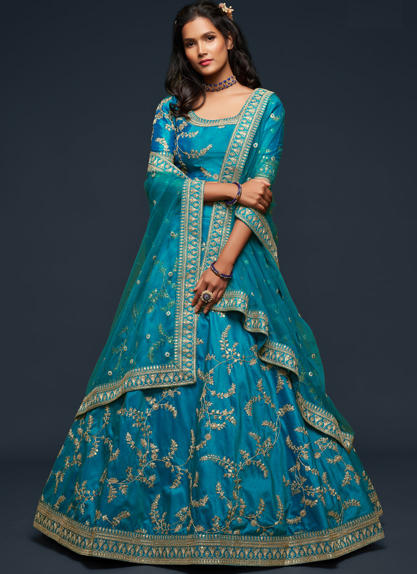 Teal Blue Art Silk Wedding Lehenga Choli