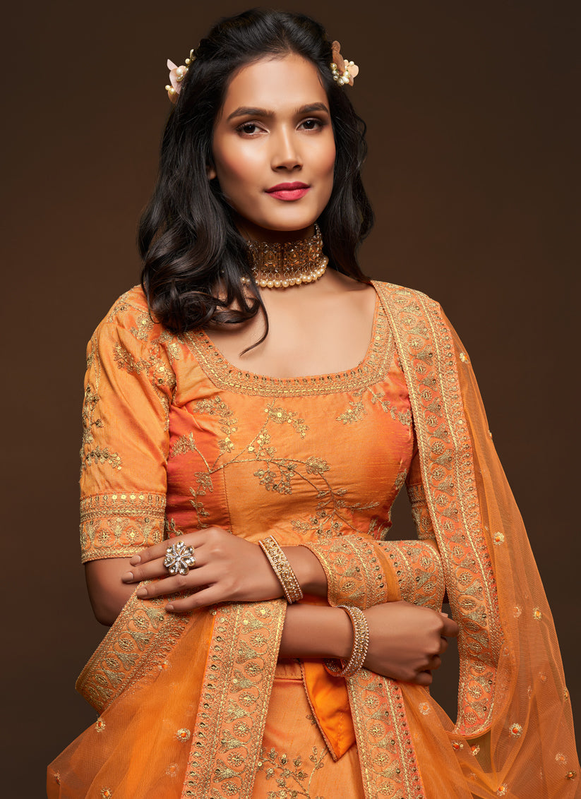 Orange Art Silk Wedding Lehenga Choli