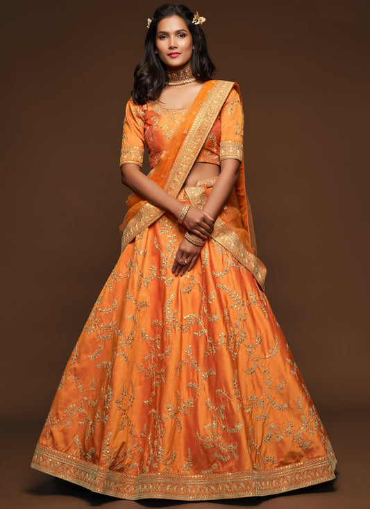 Orange Art Silk Wedding Lehenga Choli