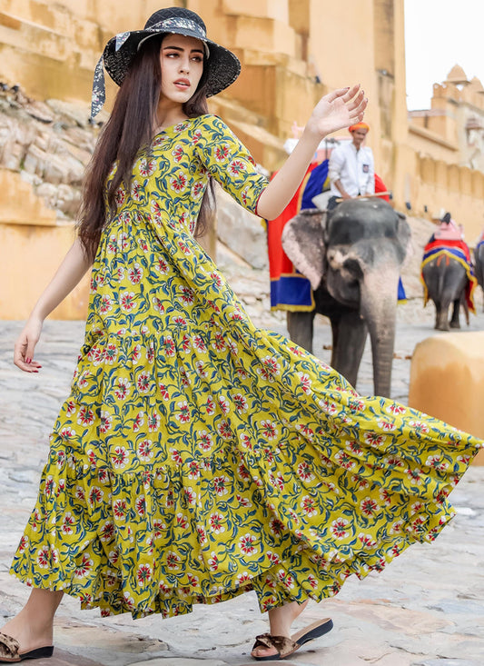 Dusty Yellow Pure Muslin Printed Ready Made Gown