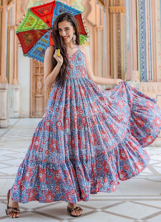 Blue Pure Muslin Printed Ready Made Gown