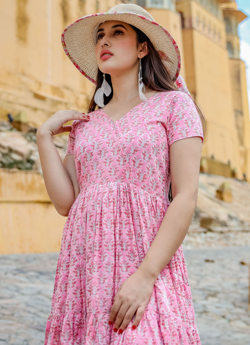 Pink Pure Muslin Printed Ready Made Gown