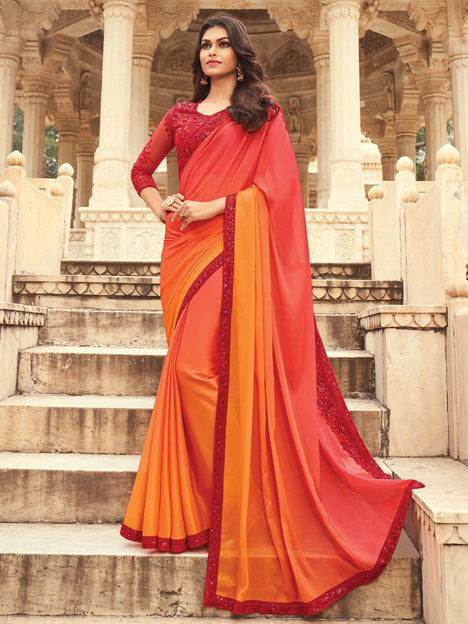 Golden Orange and Salmon Pink Silk Embroidered Party Wear Saree