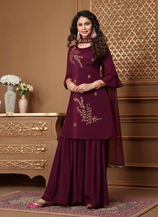 Wine Chinnon Sequins Ready Made Gharara Kameez