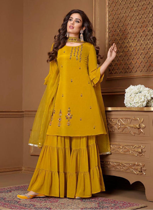 Mustard Yellow Chinnon Sequins Ready Made Gharara Kameez