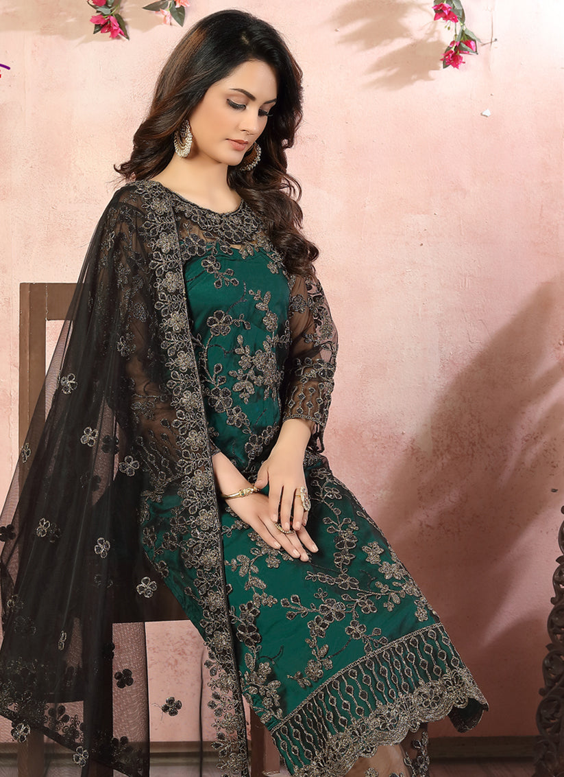 Pine Green Net Embroidered Designer Pant Kameez