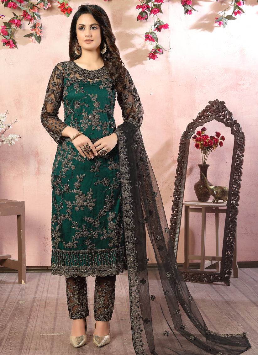 Pine Green Net Embroidered Designer Pant Kameez