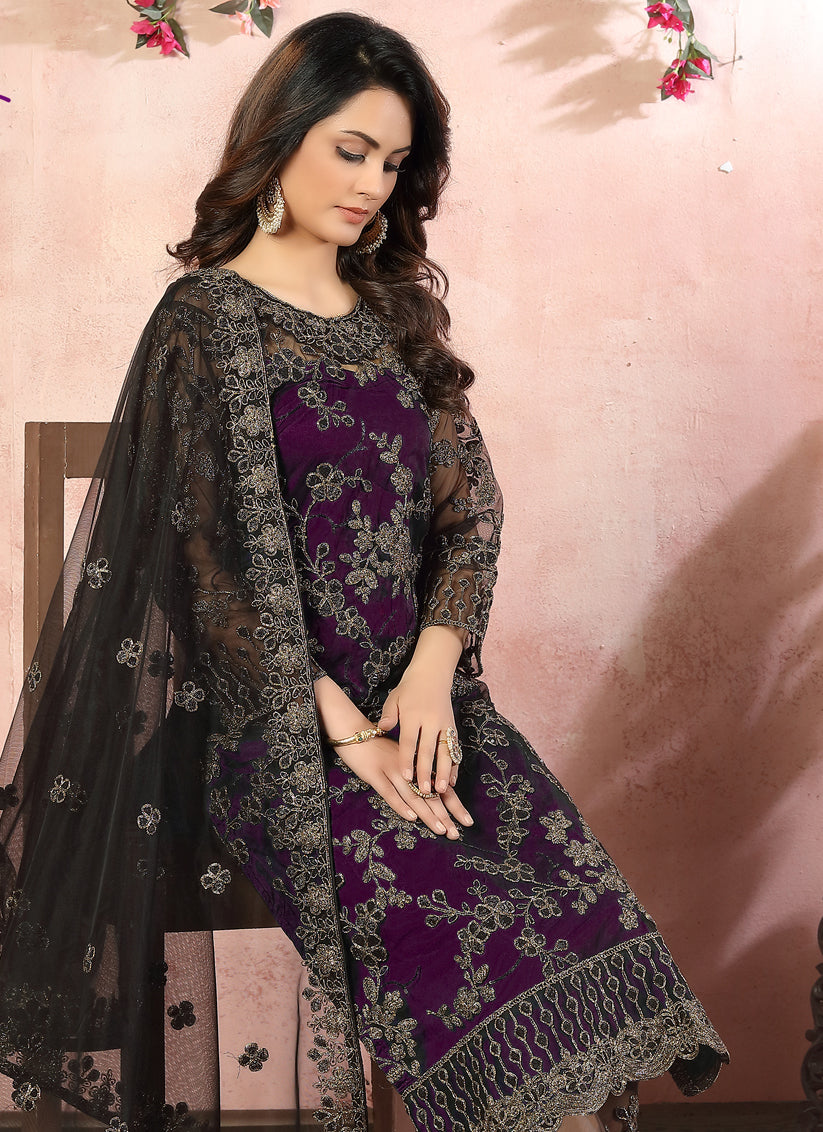 Eggplant Net Embroidered Designer Pant Kameez