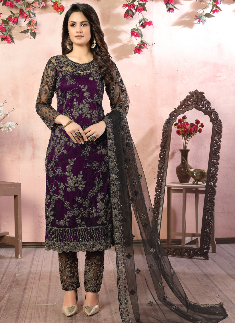 Eggplant Net Embroidered Designer Pant Kameez