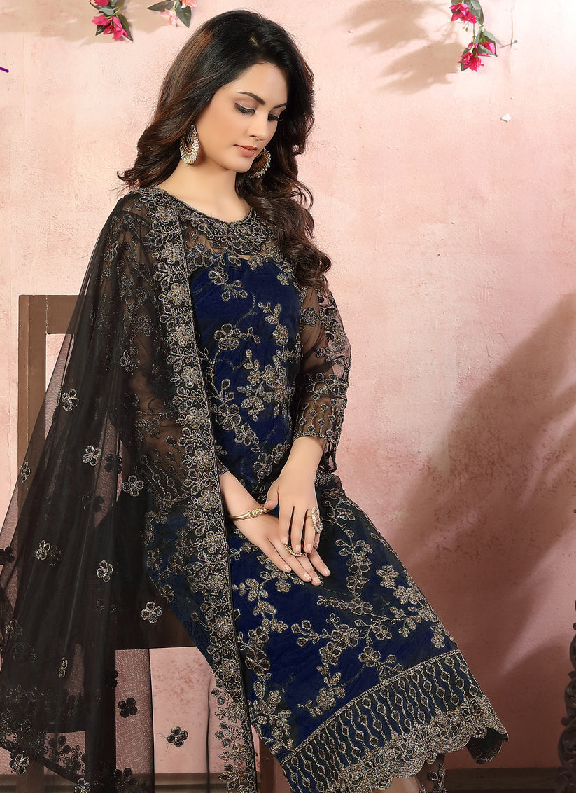 Midnight Blue Net Embroidered Designer Pant Kameez