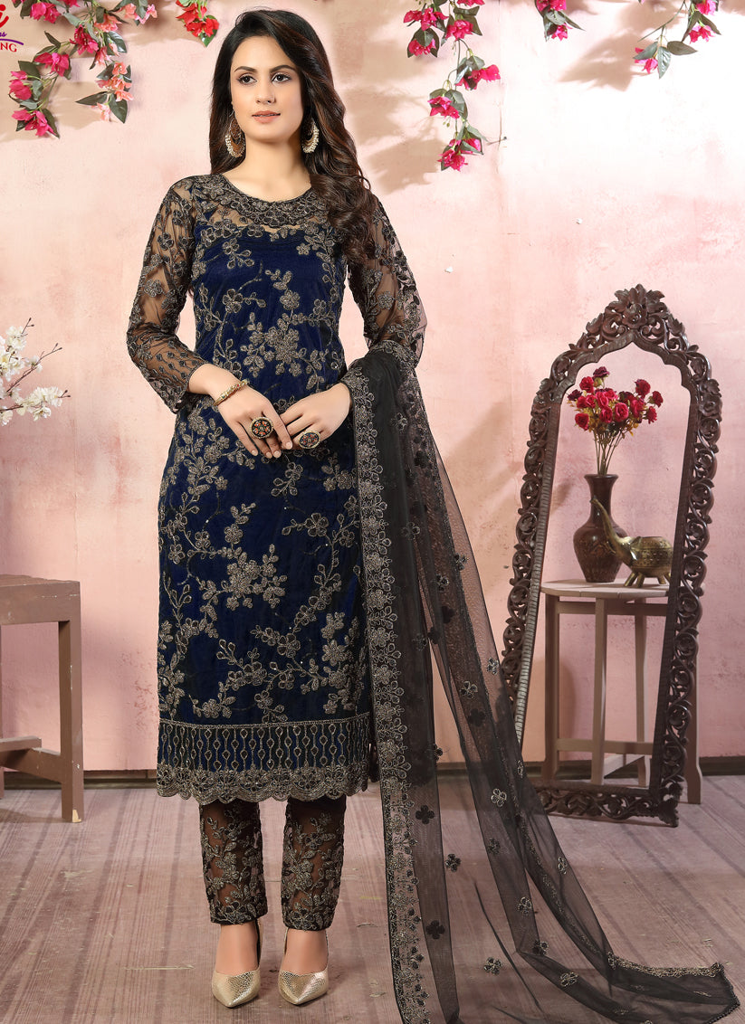 Midnight Blue Net Embroidered Designer Pant Kameez