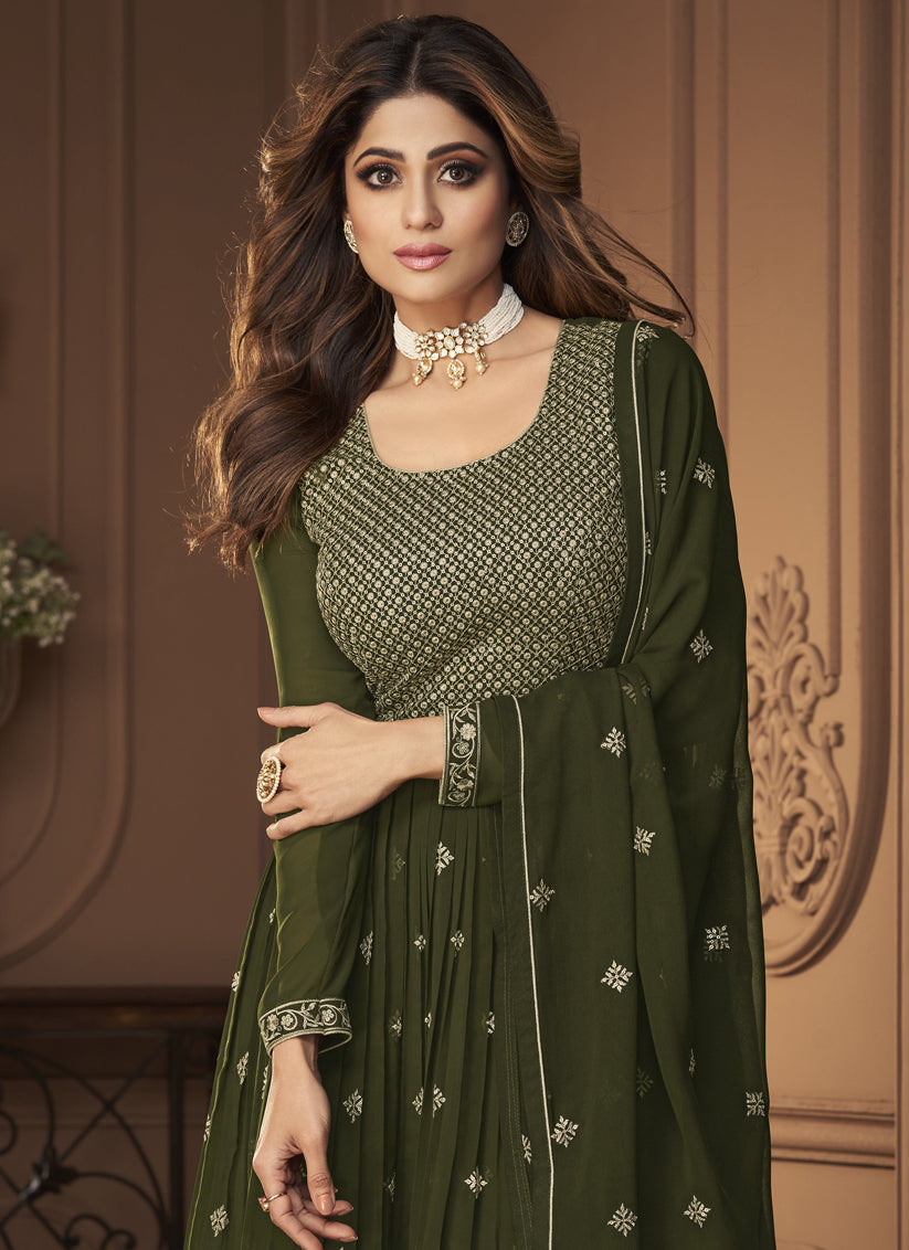 Shamita Shetty Mehendi Green Georgette Embroidered Ready Made Sarara Kameez
