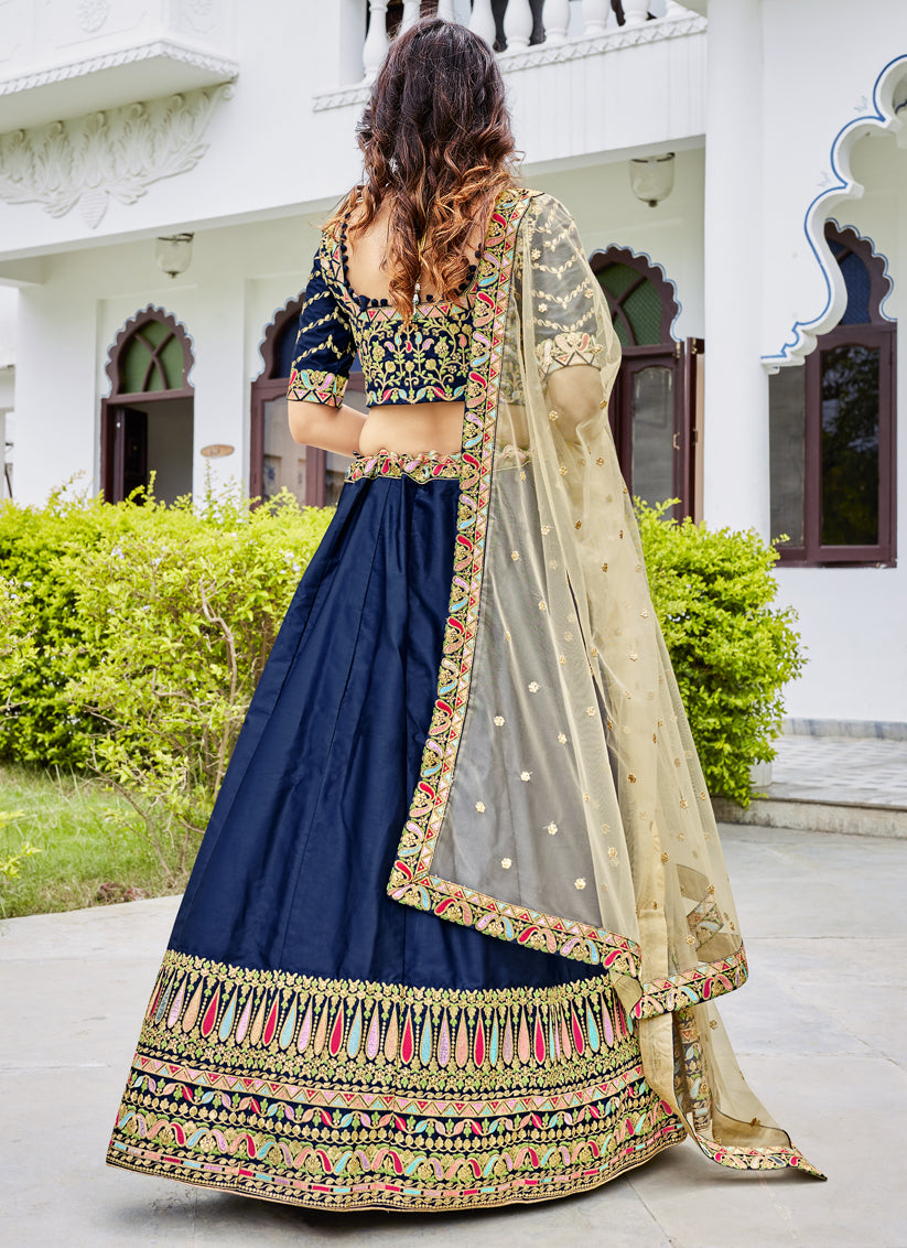 Navy Blue Silk Embroidered Designer Lehenga Choli