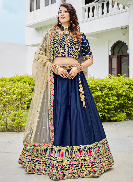 Navy Blue Silk Embroidered Designer Lehenga Choli