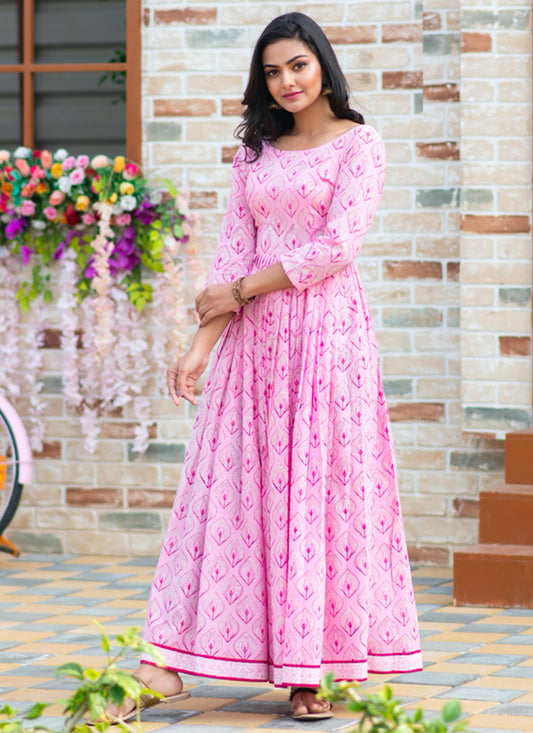 Pink Pure Muslin Printed Gown