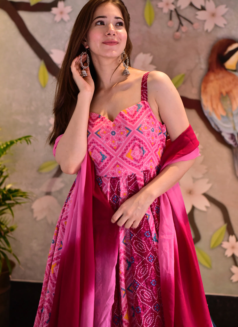 Pink Silk Cotton Anarkali Style Ready Made Gown with Dupatta