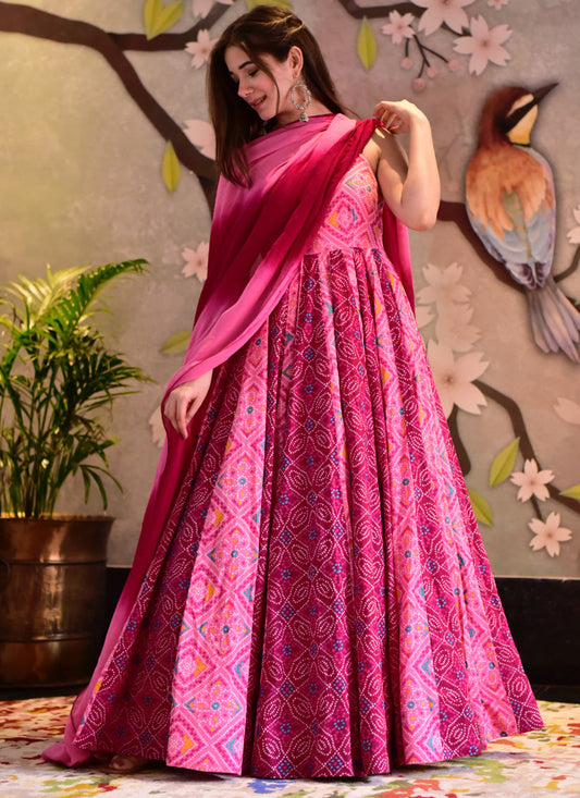Pink Silk Cotton Anarkali Style Ready Made Gown with Dupatta