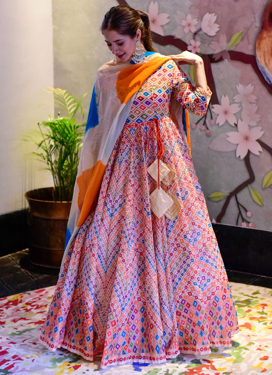 Multi Color Silk Cotton Anarkali Style Ready Made Gown with Dupatta