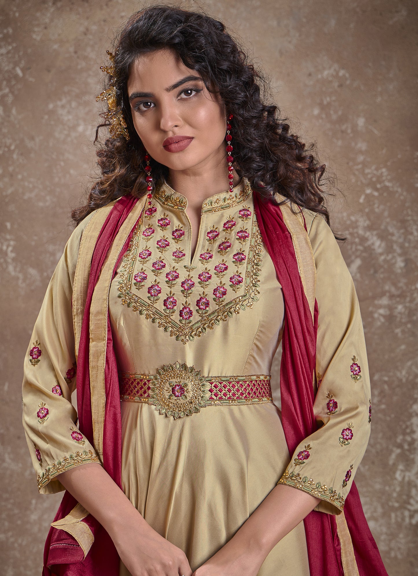Beige Silk Embroidered Readymade Anarkali Suit