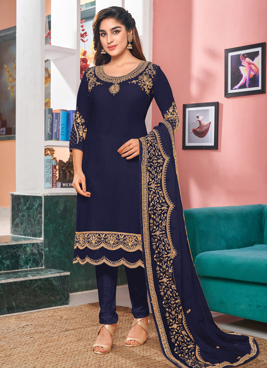 Blue Faux Georgette Embroidered Churidar Kameez Set