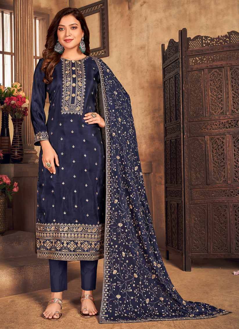 Blue Viscose Upada Embroidered Ready Made Wedding Pant Suit