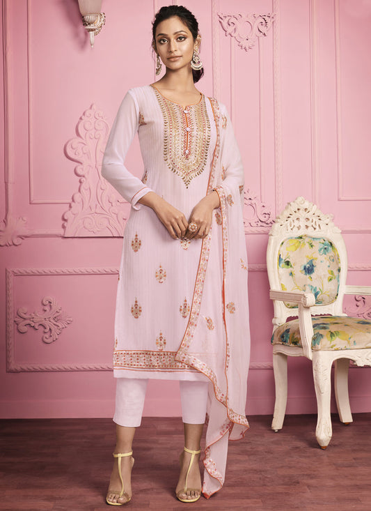 Blush Pink Georgette Embroidered Ready Made Pant Kameez Set