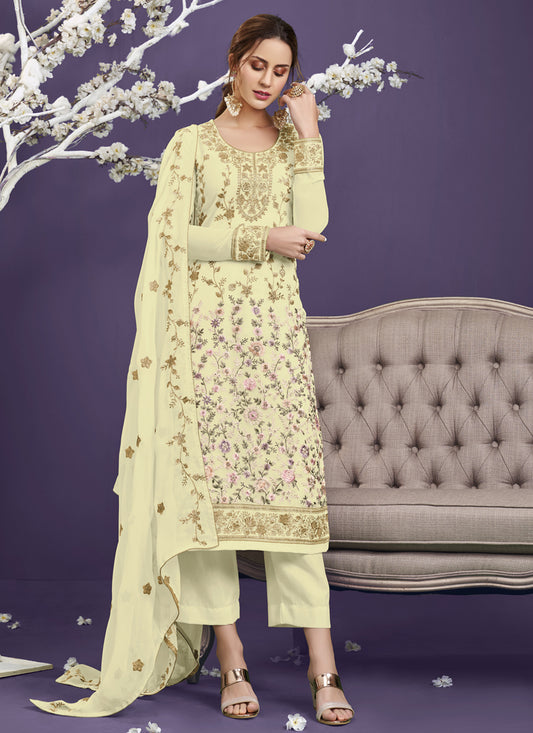 Cream Georgette Embroidered Pant Kameez Set