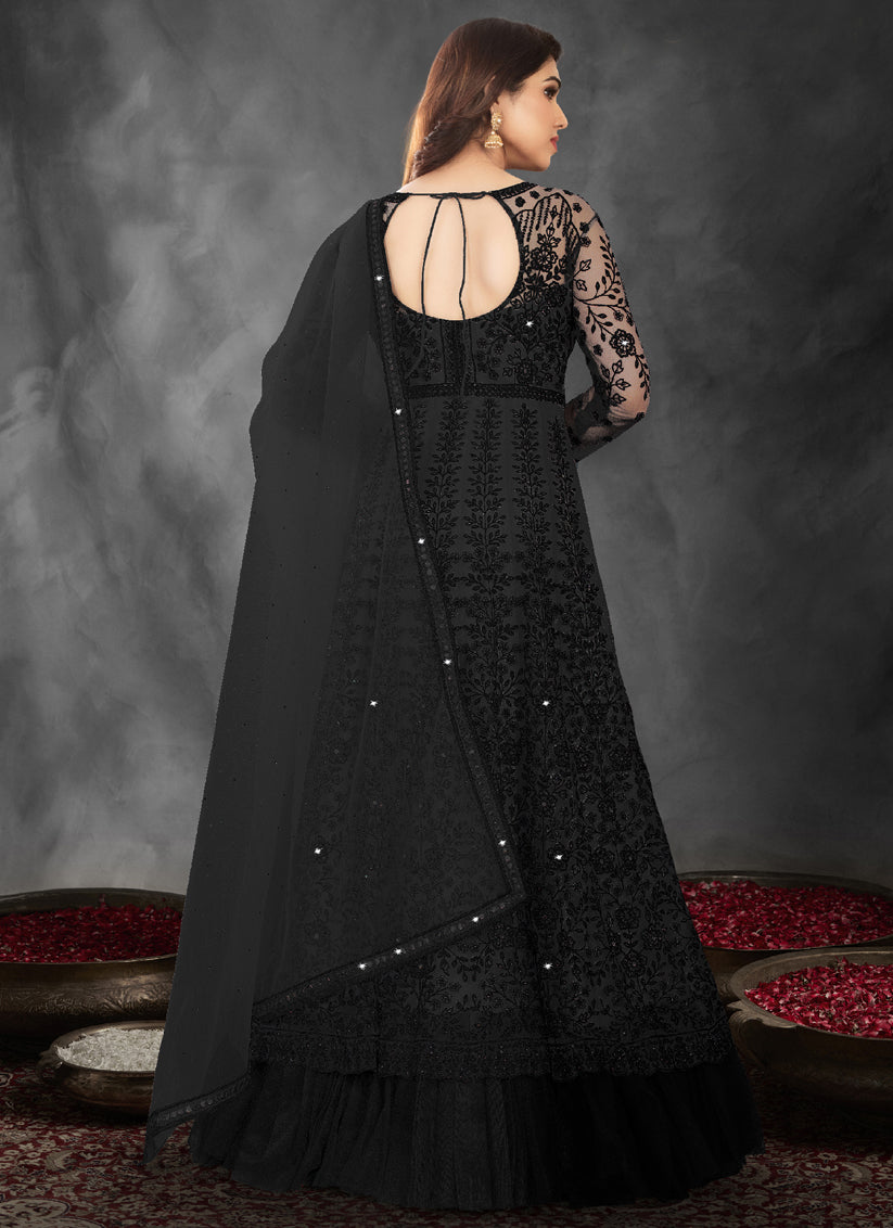 Black Net Embroidered Wedding Ready Made Anarkali Dress