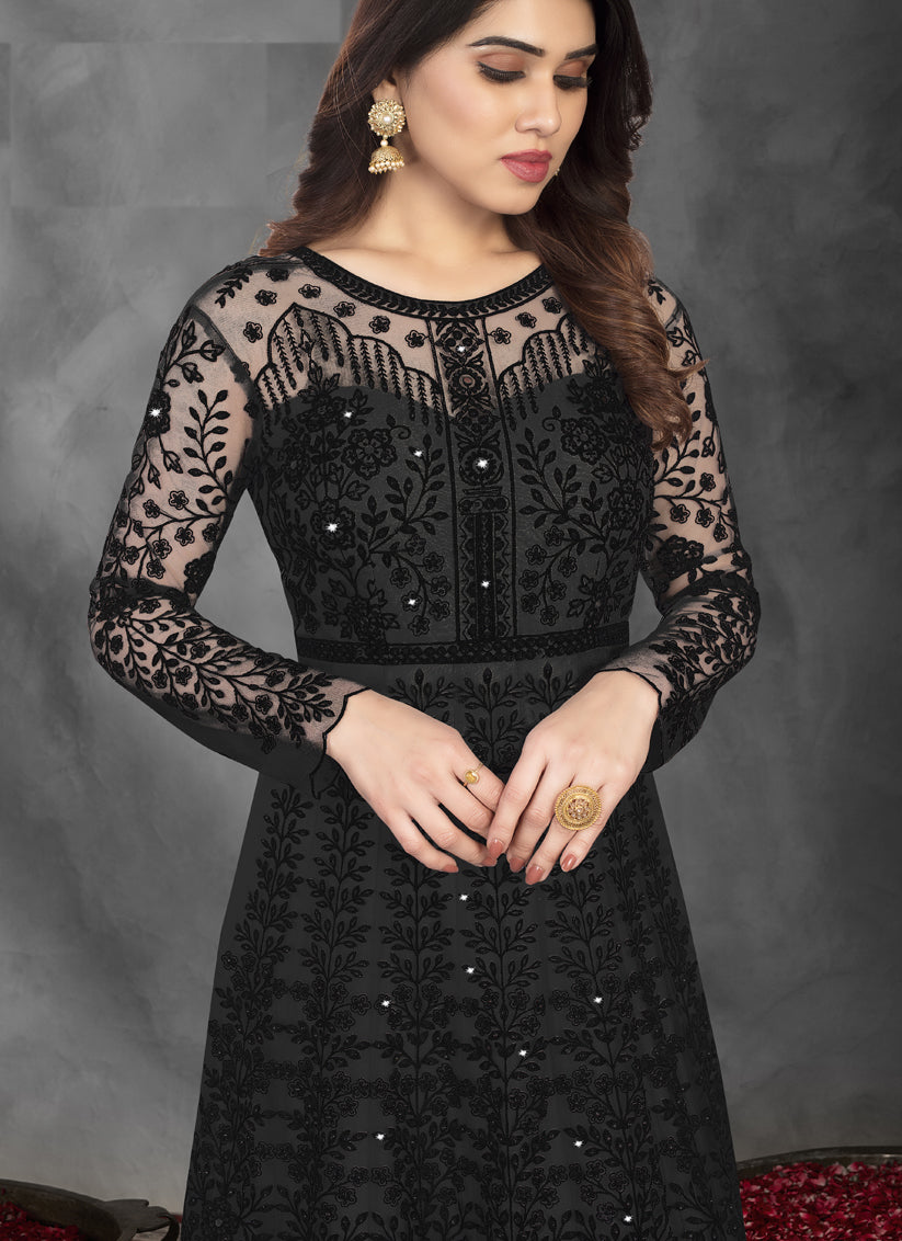 Black Net Embroidered Wedding Ready Made Anarkali Dress