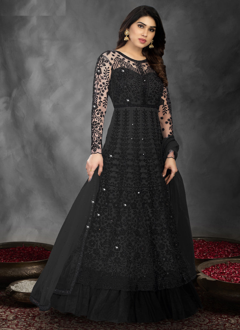 Black Net Embroidered Wedding Ready Made Anarkali Dress