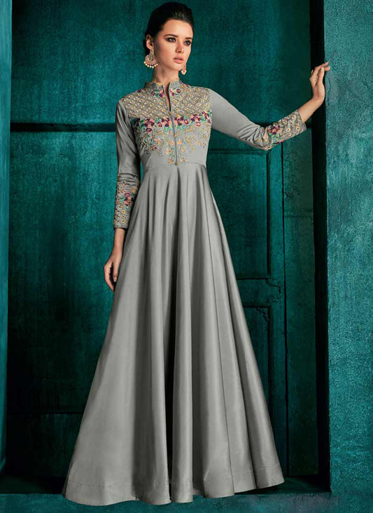 Grey Silk Readymade Gown