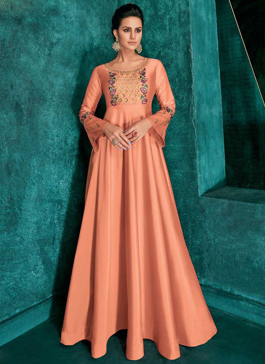 Peach Silk Readymade Gown