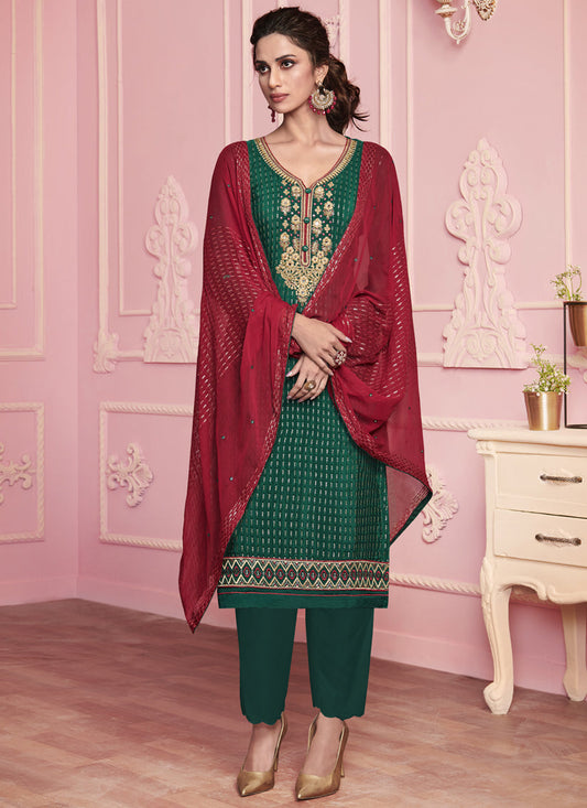 Green Georgette Embroidered Ready Made Pant Kameez Set