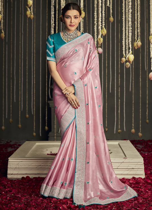 Kajal Aggarwal Rose Pink Embroidered Designer Saree