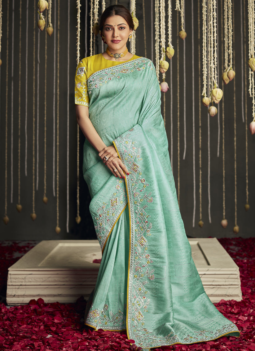 Kajal Aggarwal Turquoise Embroidered Designer Saree