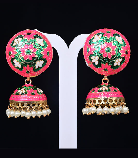Pink Green Pearl Meenakari Earring Set