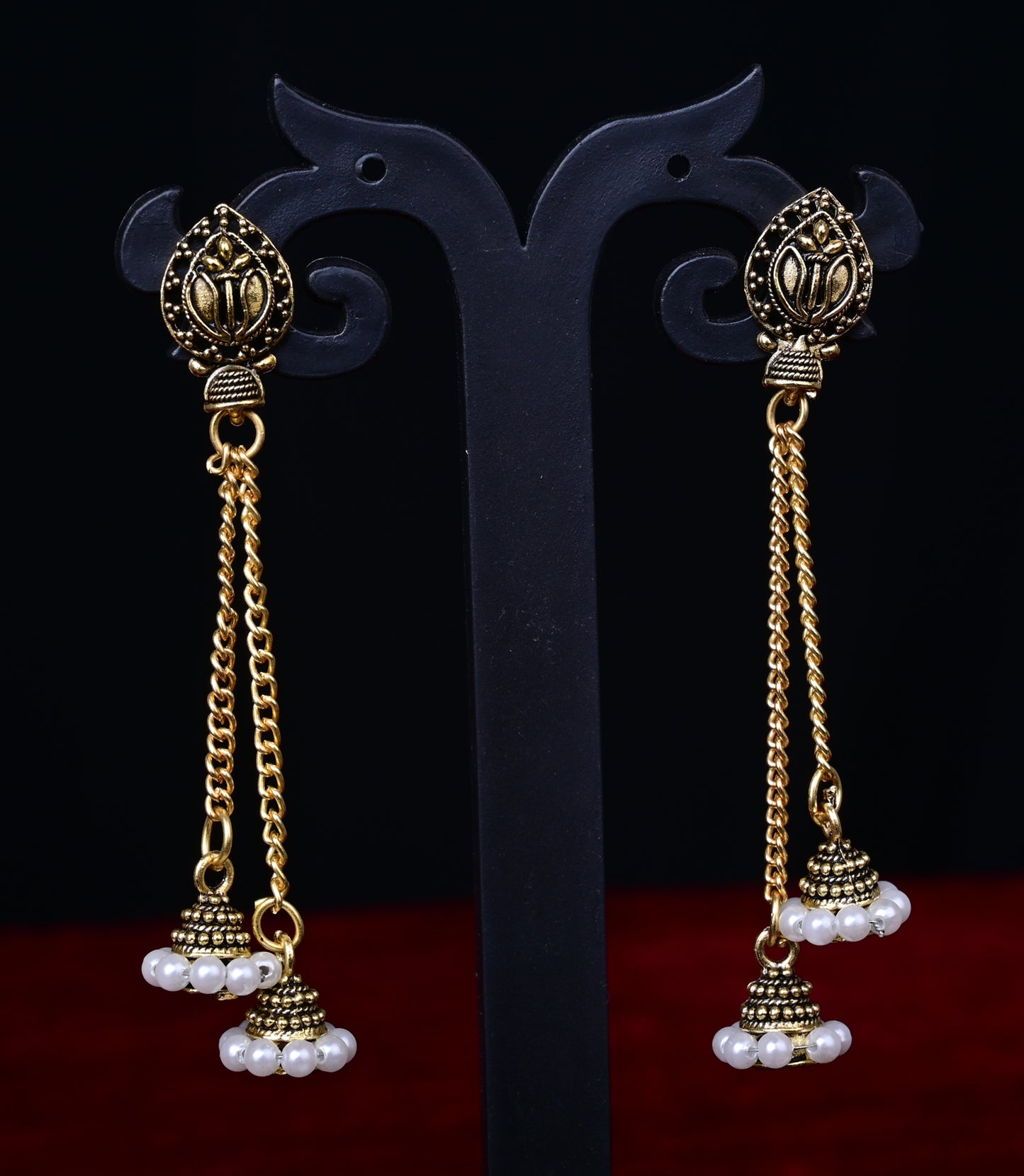 Gold Toned White Color Pearl Long Earring Set