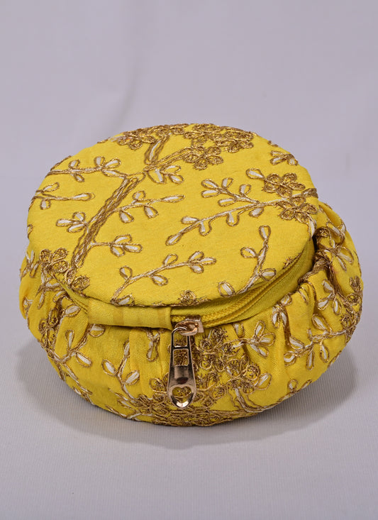 Yellow Embroidered Jewellery storage Matki Bag