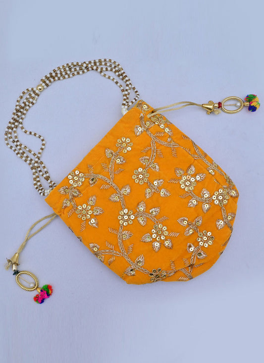 Yellow Velvet Designer Potli Bag for Women