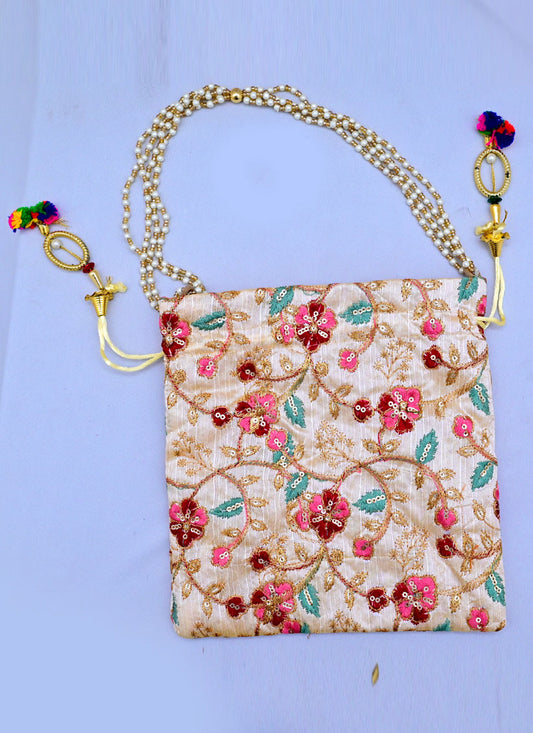 Cream Silk Embroidered Designer Potli Bag for Women