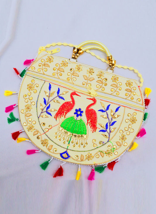 Cranes Art Silk Embroidered Traditional Handbag/Sling Bag For Women