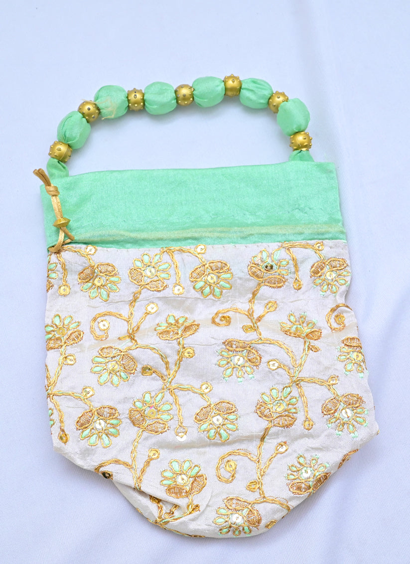 Cream & Sea Green Art Silk Embroidered Potli For Women