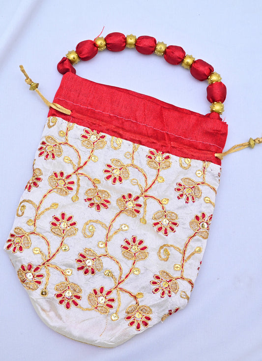 Cream & Red Art Silk Embroidered Potli For Women