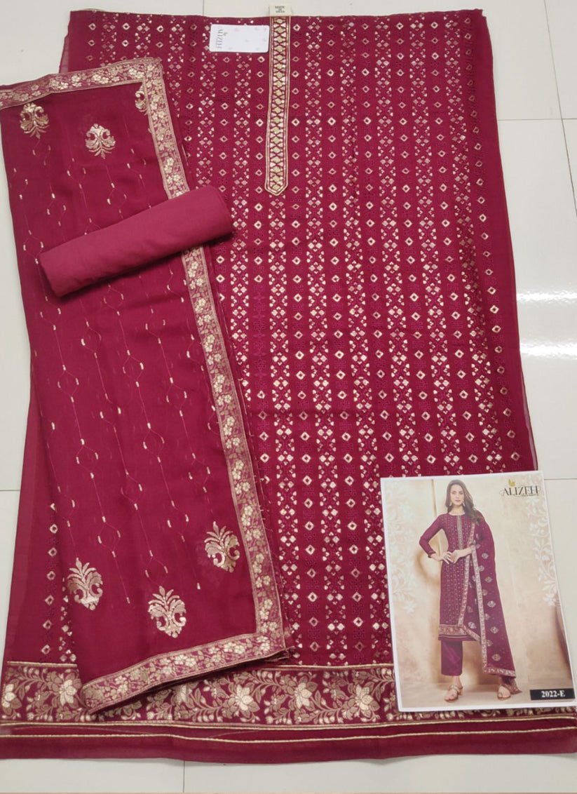Magenta Georgette Embroidered Trouser Kameez Set