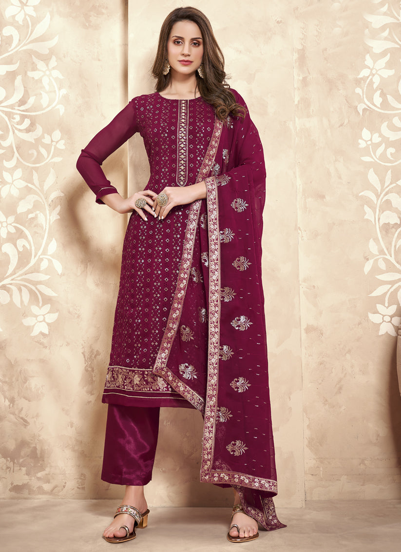 Magenta Georgette Embroidered Trouser Kameez Set