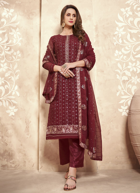 Maroon Georgette Embroidered Trouser Kameez Set