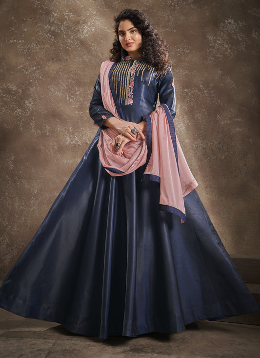 Midnight Blue Silk Embroidered Readymade Anarkali Suit