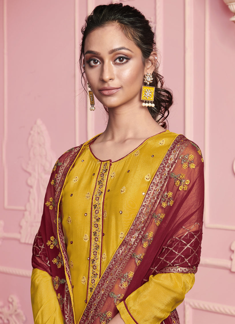 Mustard Yellow Georgette Embroidered Pant Kameez Set