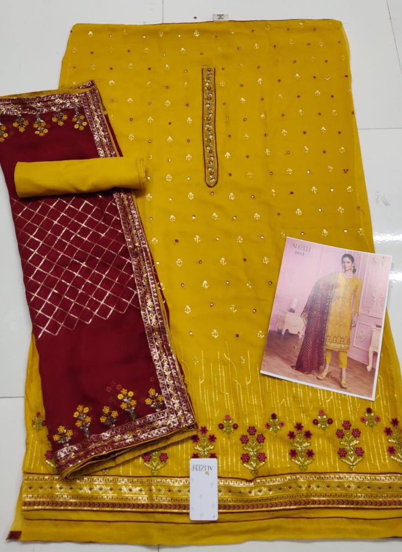 Mustard Yellow Georgette Embroidered Pant Kameez Set