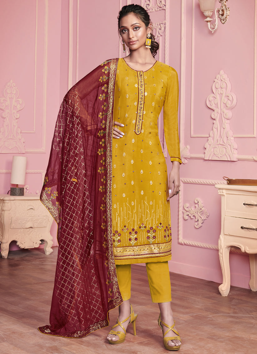 Mustard Yellow Georgette Embroidered Pant Kameez Set